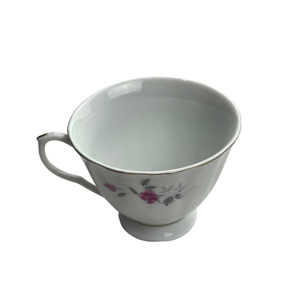 Vintage Porcelain Pink Rose Floral Teacup Gold Trim Footed White Tea Cup China - Picture 1 of 4